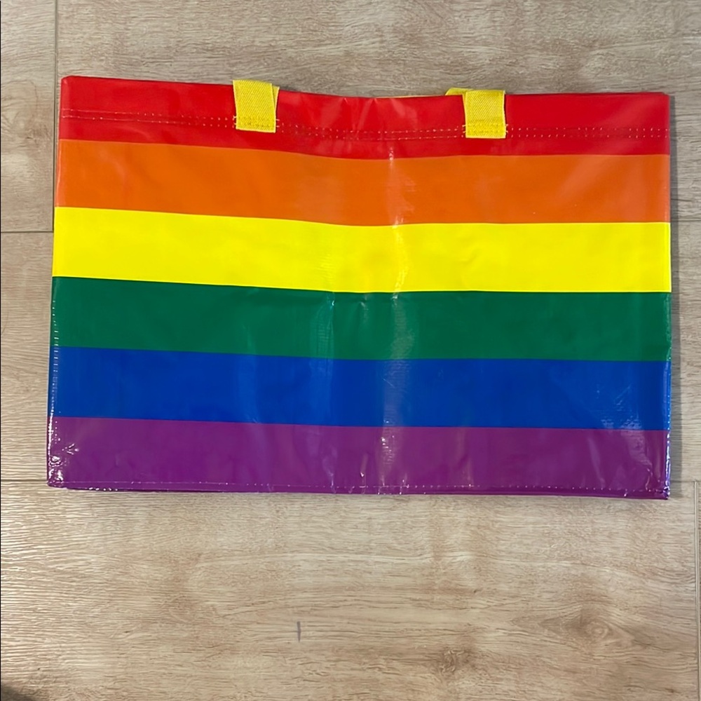 New IKEA Kvanting Huge Rainbow Tote Bag with 2 Length Yellow Straps